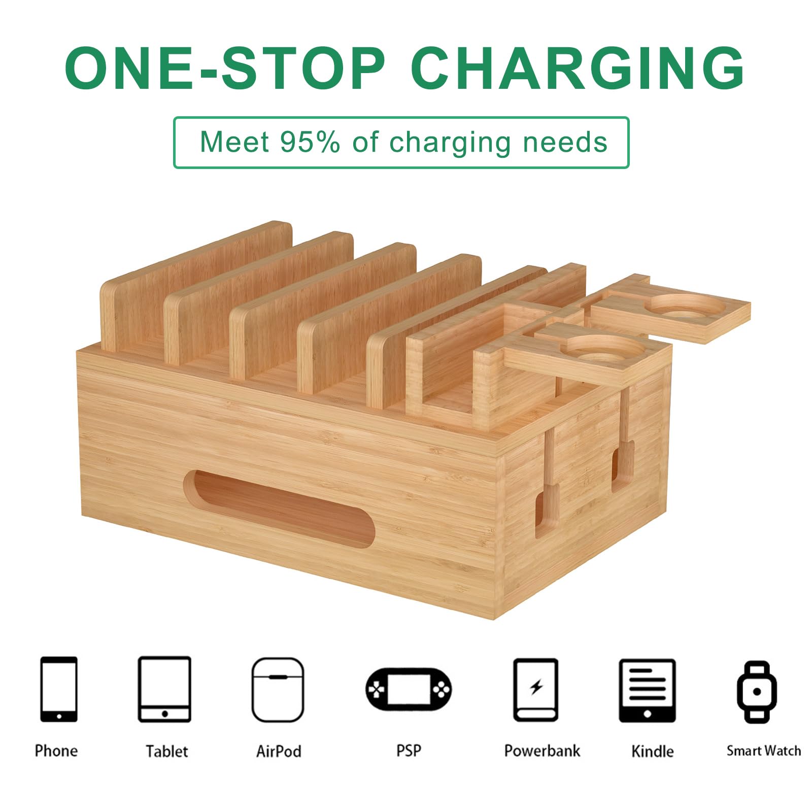 Deefielly Bamboo Charging Stations for Multi Devices with 5 Port USB Charger, 6 Cables, Desktop Wood Docking Station Charger Organizer for Cell Phones, Tablets,Earphone, Watches