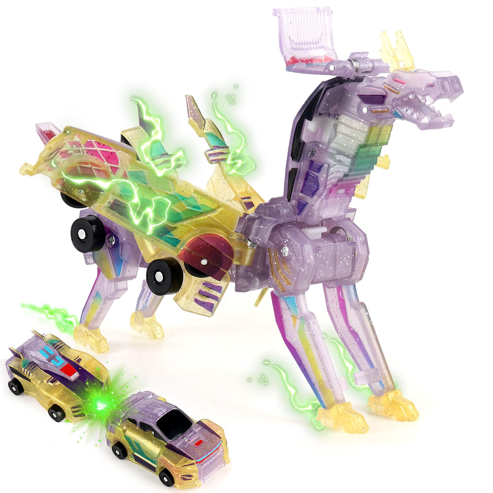 CLIUNT Robocrash Magnetic Transforming Car, Dragon Transforming Toys, 2 In 1 Automatic Deformation of Magnetic Connections, Car Robot Toys for Kids 2 3 4 5 6 7 8 Years Old (Luminous)