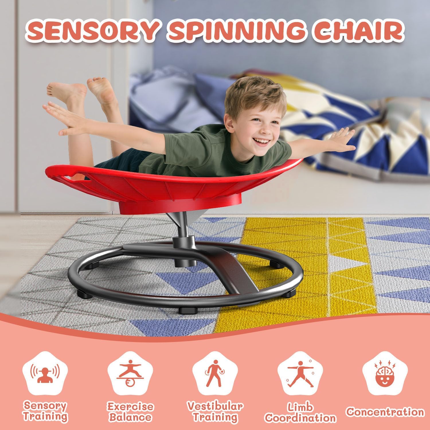 Spinning Chair for Autistic Kids - Sensory Spinning Chair for Autistic Children with Safety Handle & Non-Slip Design(Red)