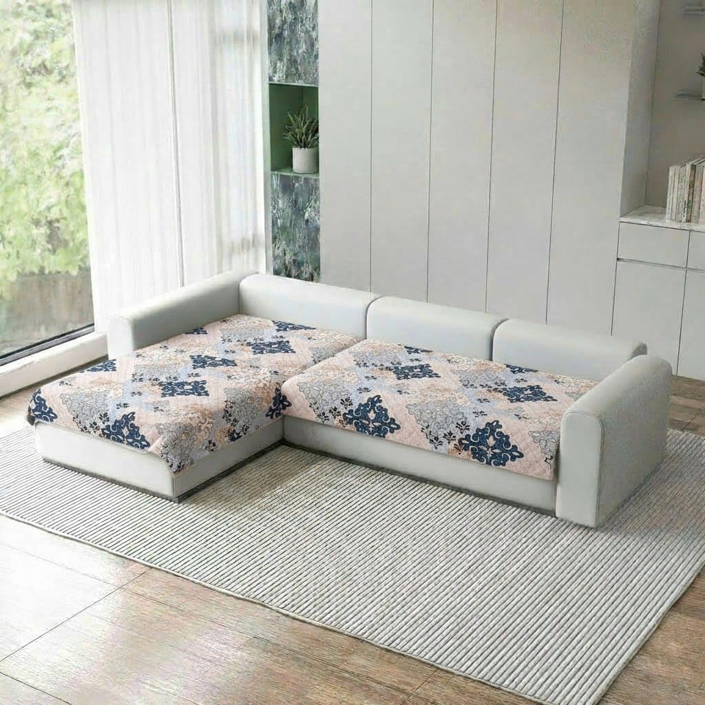 Premium Quilted Velvet L Shape Sofa Seat Cover for 2 + 2 Seater with Heavy Antiskid Backing for Living Room Sofa | Sofa seat Runner for Couch | Beige Damask-image-9