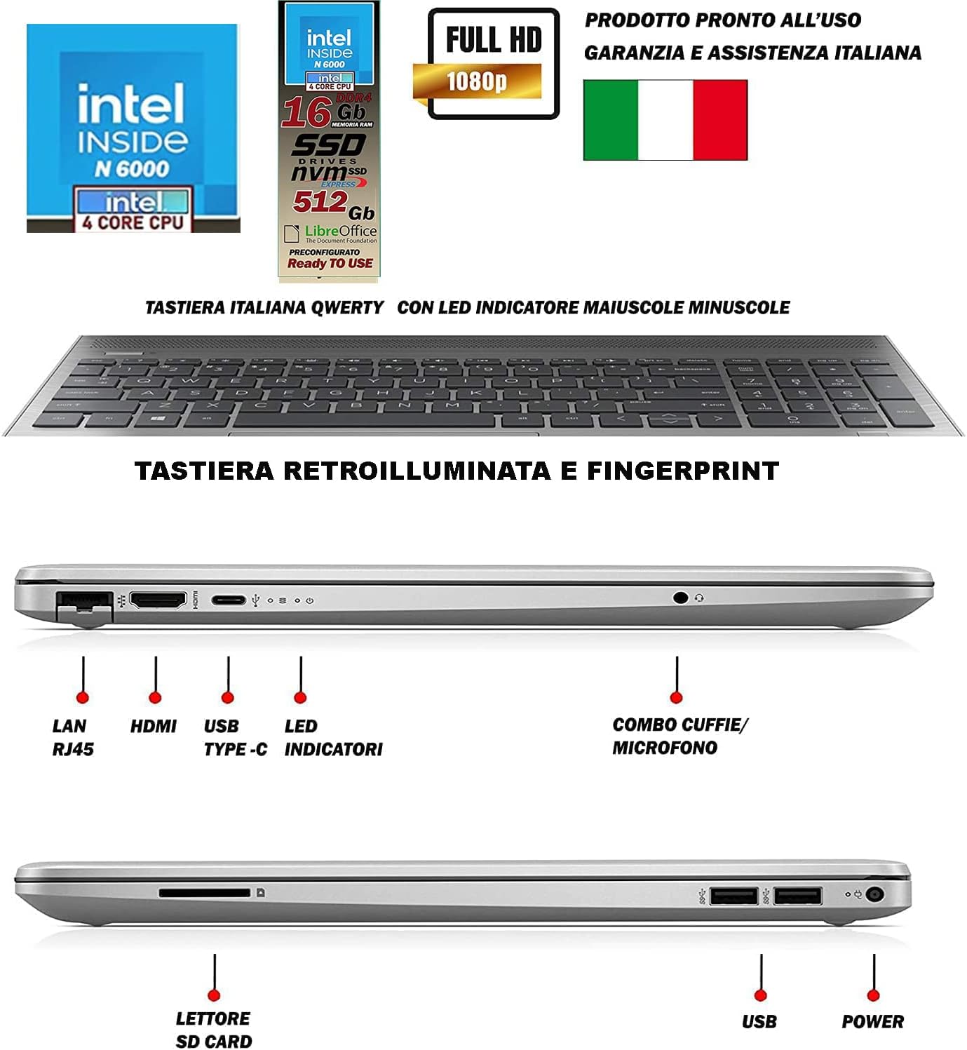 HP 250 G9 Notebook Ultra Silenzioso, RAM 16GB, SSD 512GB, Display FullHD 15.6, Intel N6000 4 Core da 3,3 GHz, tastiera retroilluminata, touch id, Win 11 Pro, Libre office, pronto Alluso, Gar. It