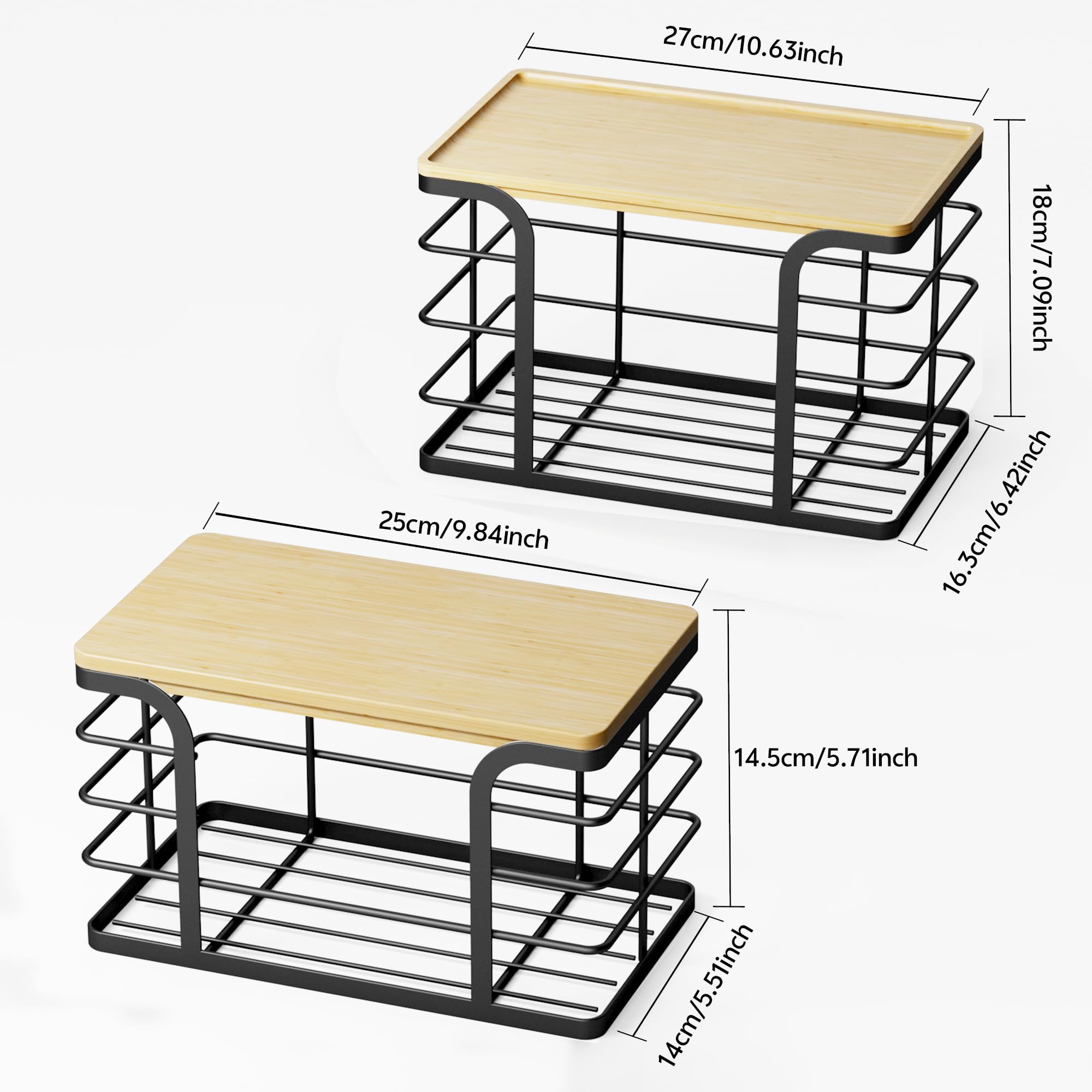 Paquete de 2 organizadores apilables de almacenamiento para cocina, lavandería, despensa, soporte para bolsas de basura con parte superior de bambú, dispensador de bolsas de basura de