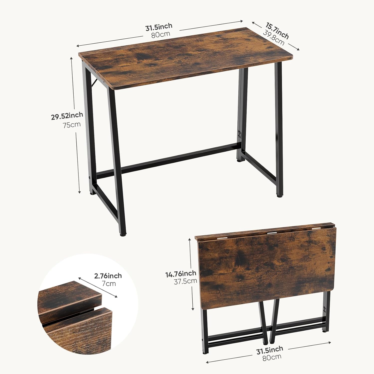 DUMOS 31.5 Inch Folding Desk, Foldable Computer Table for Small Spaces, Metal Frame Gaming Writing Work Station, Mini Home Office Surface, Rustic Brown
