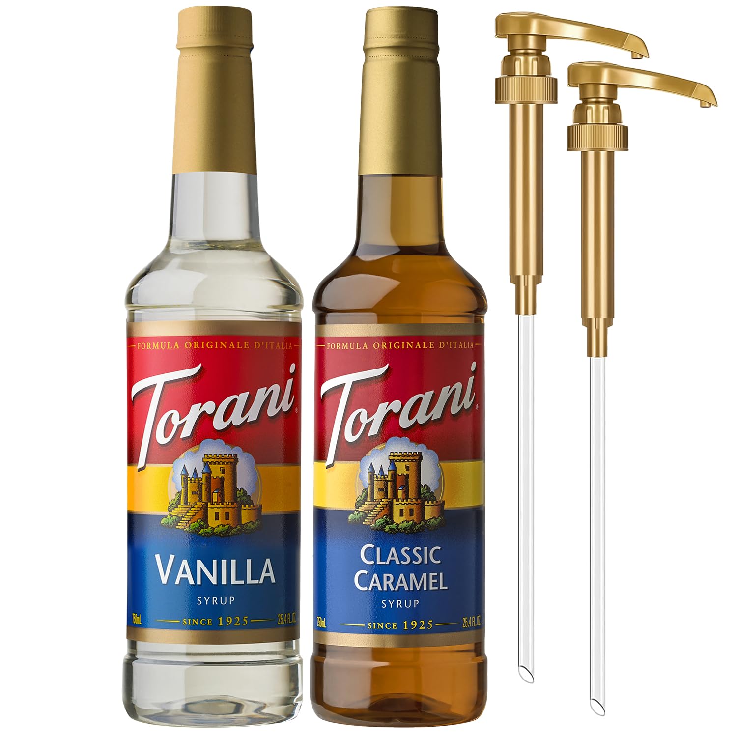 Torani Syrups, Classic Caramel and Vanilla Syrup Variety 2-Pack, Coffee Syrups for Drinks, Pumps Included, 25.4 Fl Oz Ea Vanilla & Classic Caramel 25.4 Fl Oz (Pack of 2)