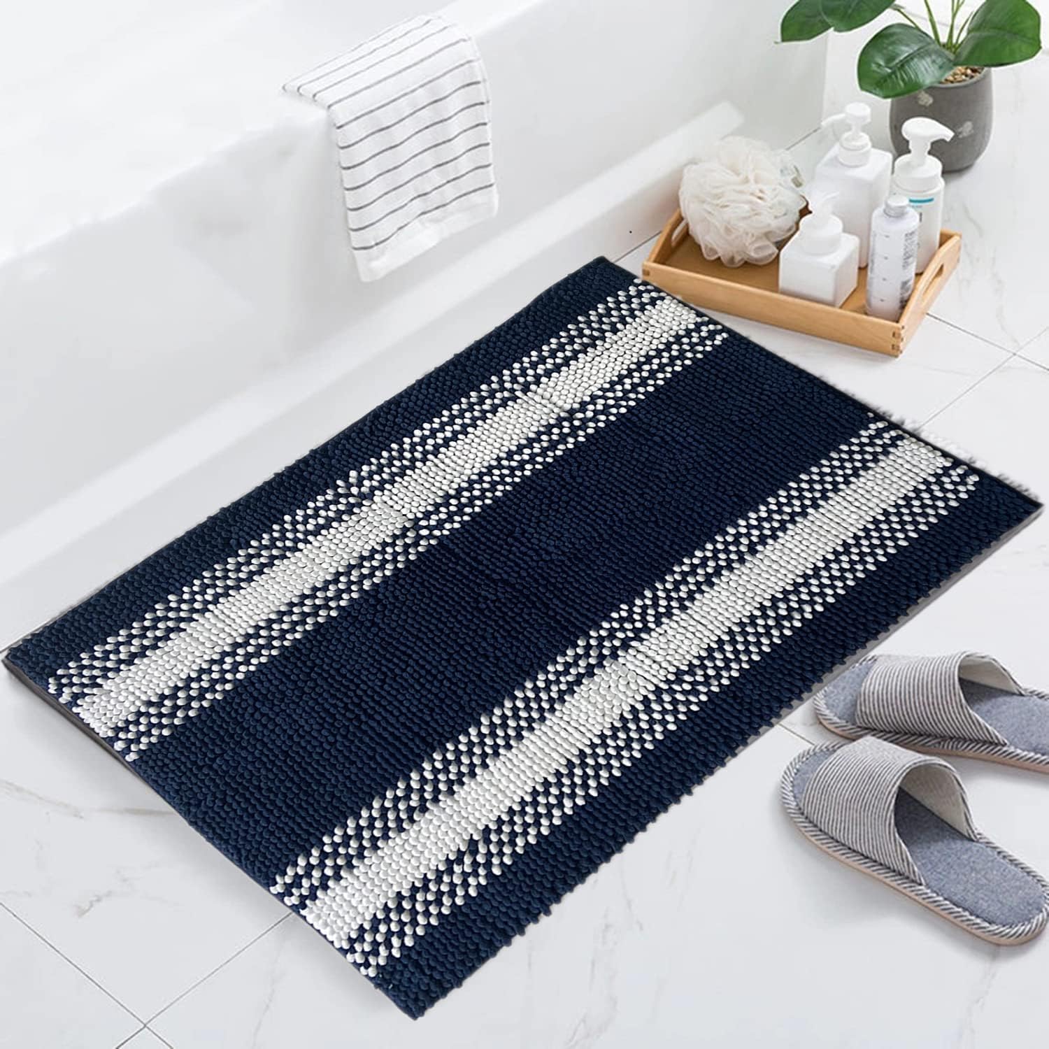 Chenille Bathroom Rugs Bath Mats for Bathroom Non Slip Soft Shaggy Bath Mats Super Absorbent Floor Mat,Machine Washable,Navy 20" x 32"