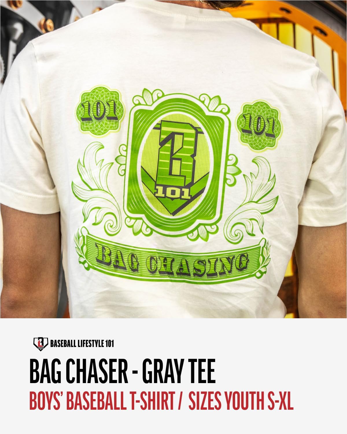 Baseball Lifestyle 101 Bag Chaser Youth Tee for Boys, Soft 60/40 Blend, Breathable, Side-Seamed, Sizes Youth S-XL - Image 2