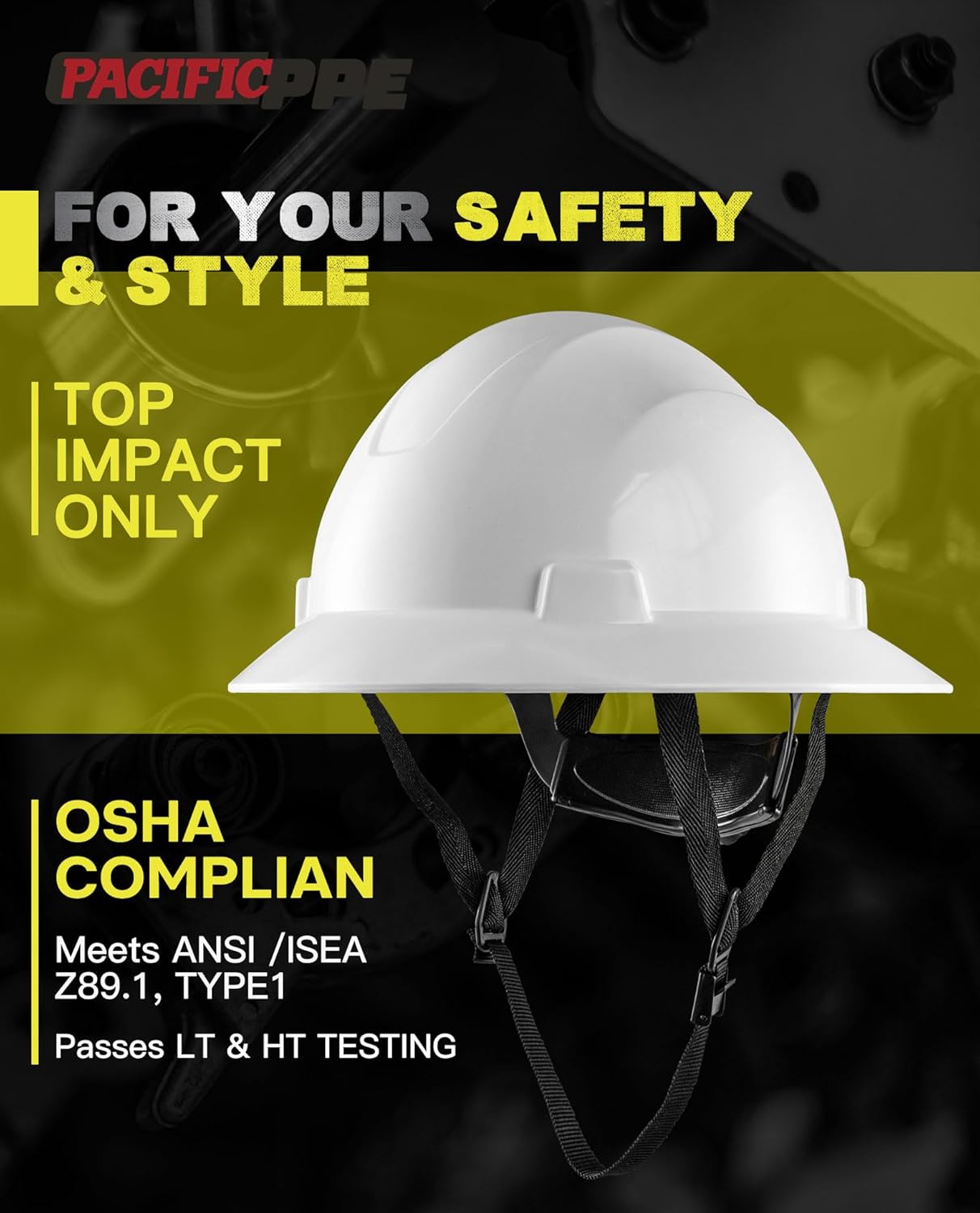 PACIFIC PPE Full Brim Hard Hat, OSHA Construction Safety Helmet Certified to ANSI Z89, 4 Point Adjustable Ratchet Suspension, Class E, G & C, White