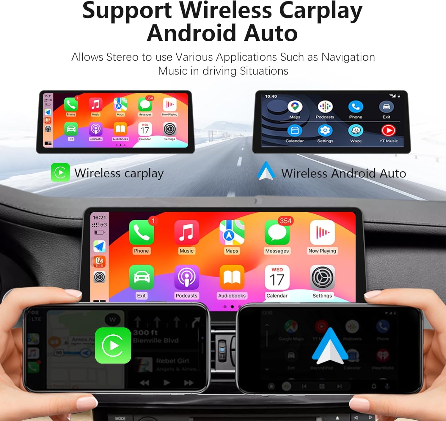Image showing the car radio display with wireless CarPlay and Android Auto interfaces, allowing access to navigation, music, and other applications.