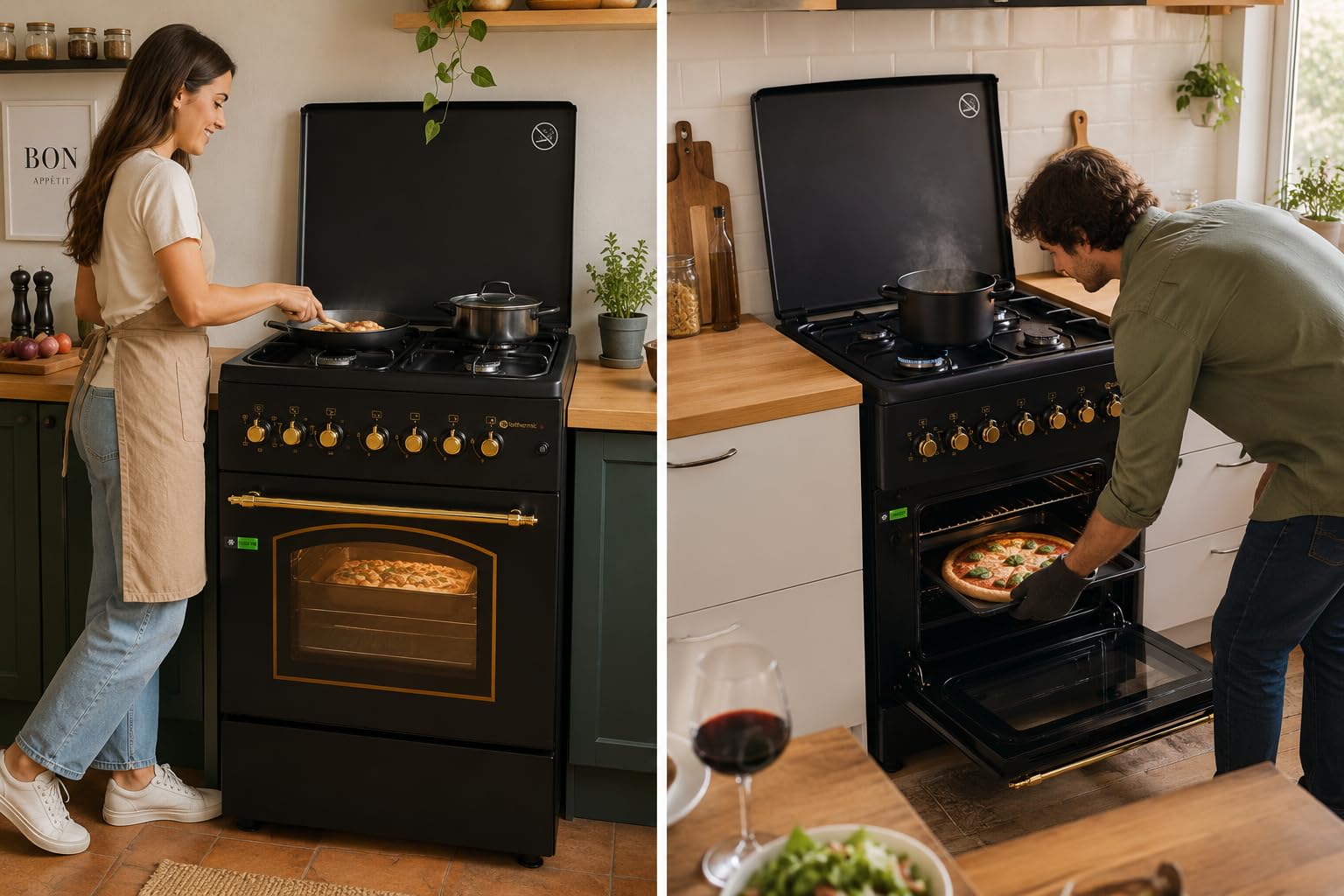 SOLTHERMIC PACK NEGRO RUSTICO ACABADOS DORADOS COCINA F6S40G2 GAS CON HORNO 4 FUEGOS + CAMPANA DECORATIVA 60 CM H60PR + FRIGO 2P RETRO a F2PR147N DE 1,47 cm alto x 55 ancho y 220L