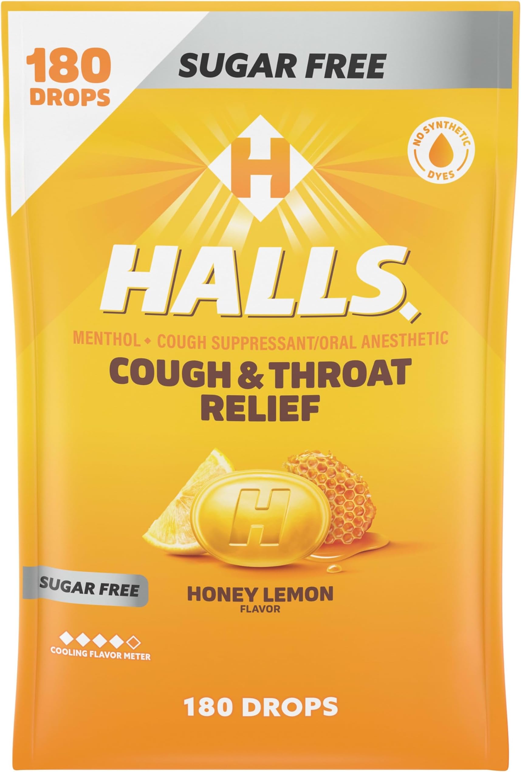 HALLS Cough & Throat Relief Honey Lemon Sugar Free Cough Drops, 180 ct