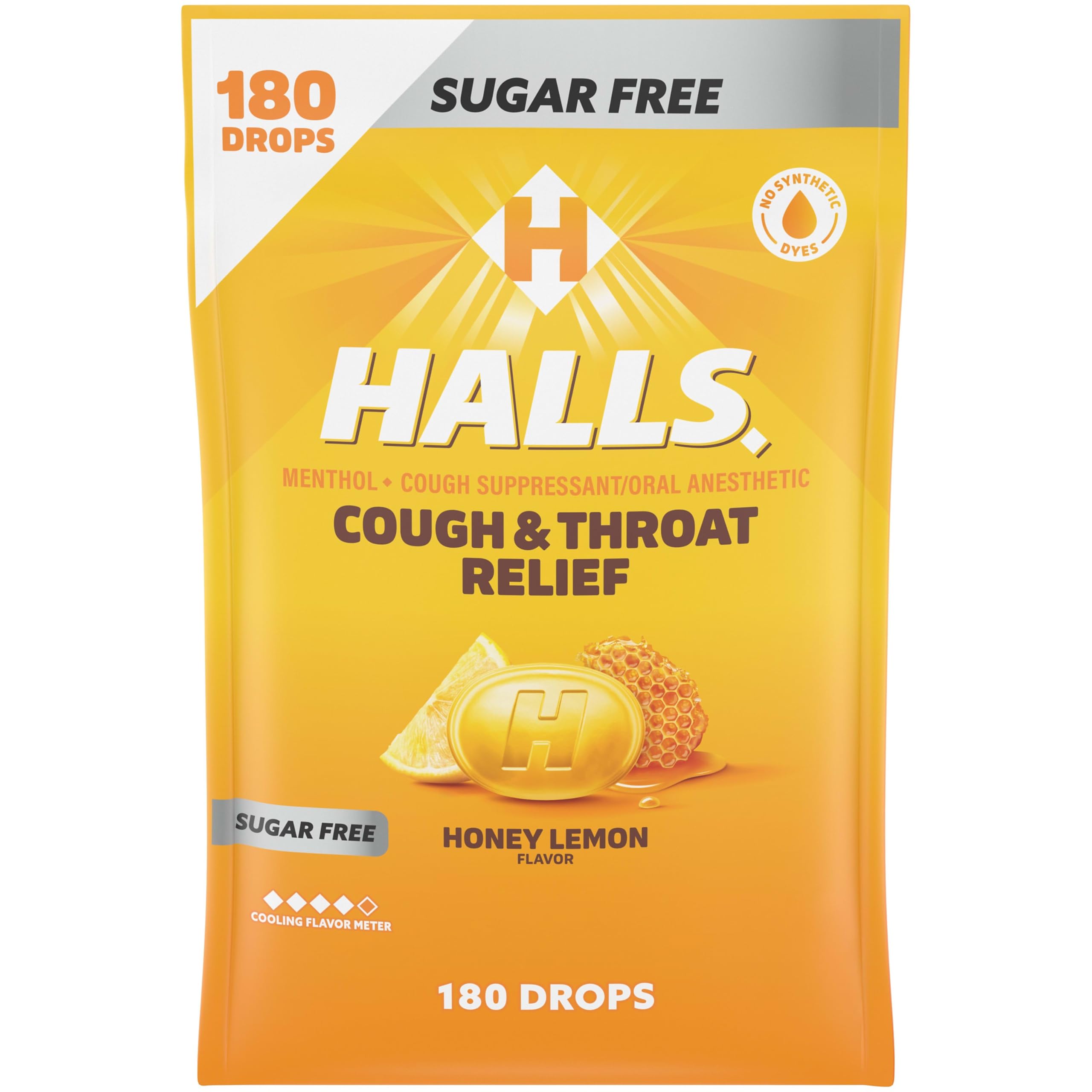 HALLS Cough & Throat Relief Honey Lemon Sugar Free Cough Drops, 180 ct
