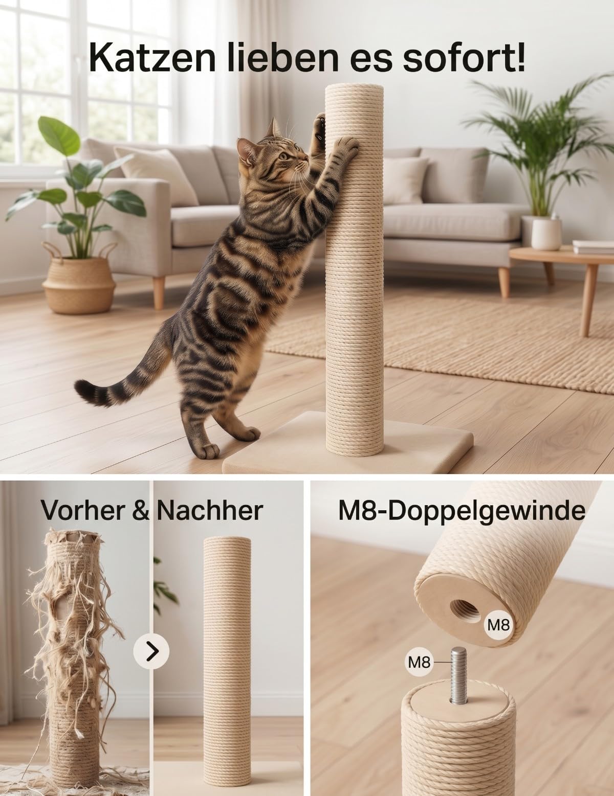 kratzbaum ersatzstamm M8 sisalstamm katzenbaum ersatzteil 2er | Zwei dicke Natursisal-Säulen für Katzenmöbel. Passend für Ø 8cm Zylinder & M8 Schraubgewinde. Robustes sisalseil zum Basteln.