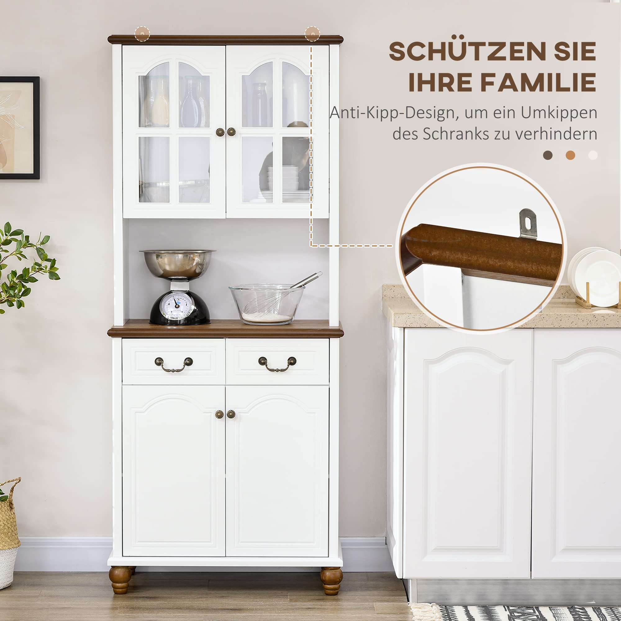 HOMCOM Küchenschrank Hochschrank mit Arbeitsplatte Weiß 76 x 38 x 182 cm | 4 Türen, 2 Schubladen, Buffetschrank, Mikrowellenschrank, Verstellbare Ablagen, Soft-Close-Funktion