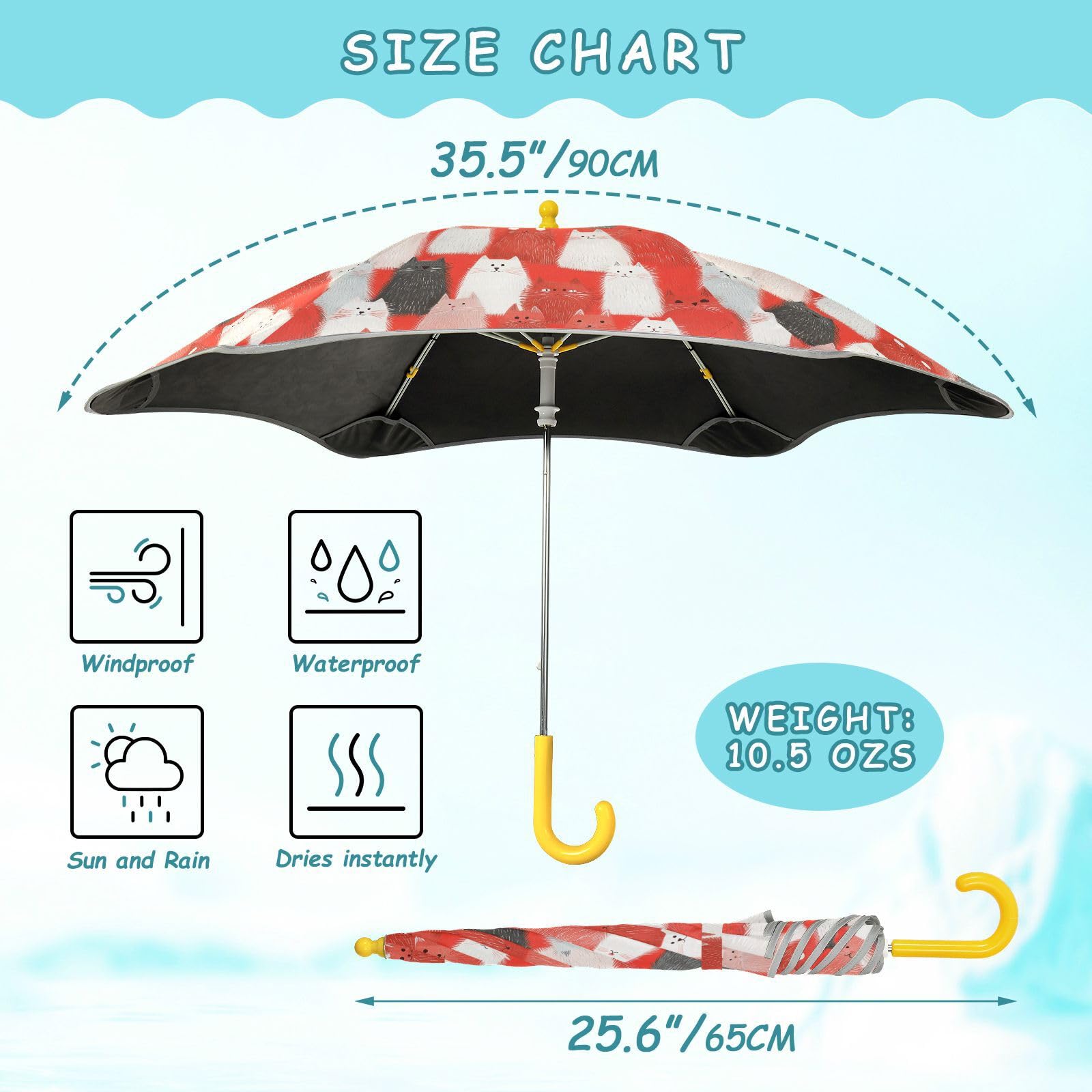 linqin Zabawne koty, czerwone parasole dziecięce, ochrona przed promieniowaniem UV, parasol z odblaskowym paskiem, mały parasol do plecaka z łatwym do trzymania uchwytem haczykowym dla chłopców i