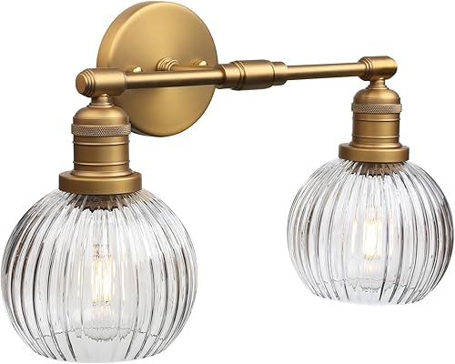 Miniatura 9 de Aplique industrial de pared de vidrio de doble brazo con pantalla de globo a rayas transparentes, lámpara de tocador de pared de 2 luces para