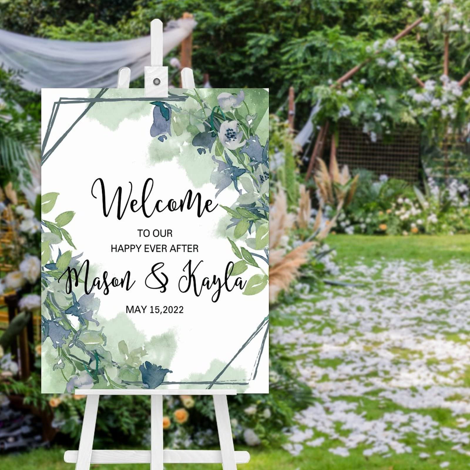Panneau de bienvenue mariage greenery en bois vertical personnalisé 61x45cm