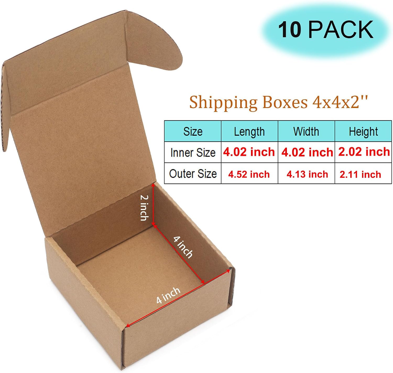 10 Pack Small Shipping Boxes 4x4x2'' (Inner Size) Corrugated Small Cardboard Boxes for Shipping, Recyclable Packaging Boxes for Business, Mailer, Gift Packing, Crafts Packing, Jewelry Boxes, Brown image 2