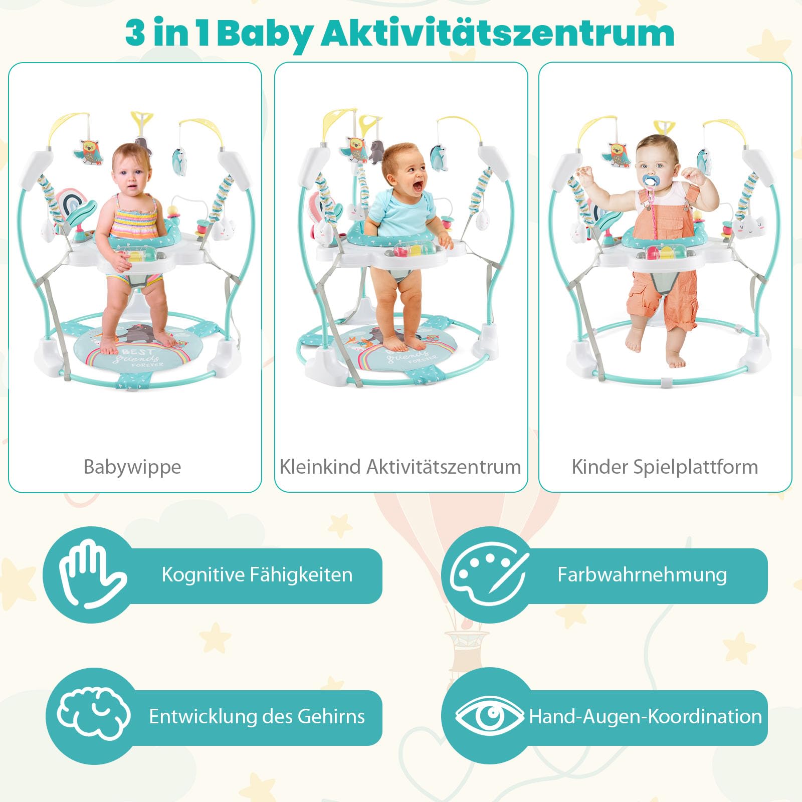 DREAMADE Stationäres Aktivitätscenter, Tierwelt-Jumperoo mit abnehmbarem Fußpolster, Spielcenter mit 360°-Drehsitz, 3 verstellbaren Höhen, Musiktablett & Hängespielzeugen für Babys ab 6 Monaten