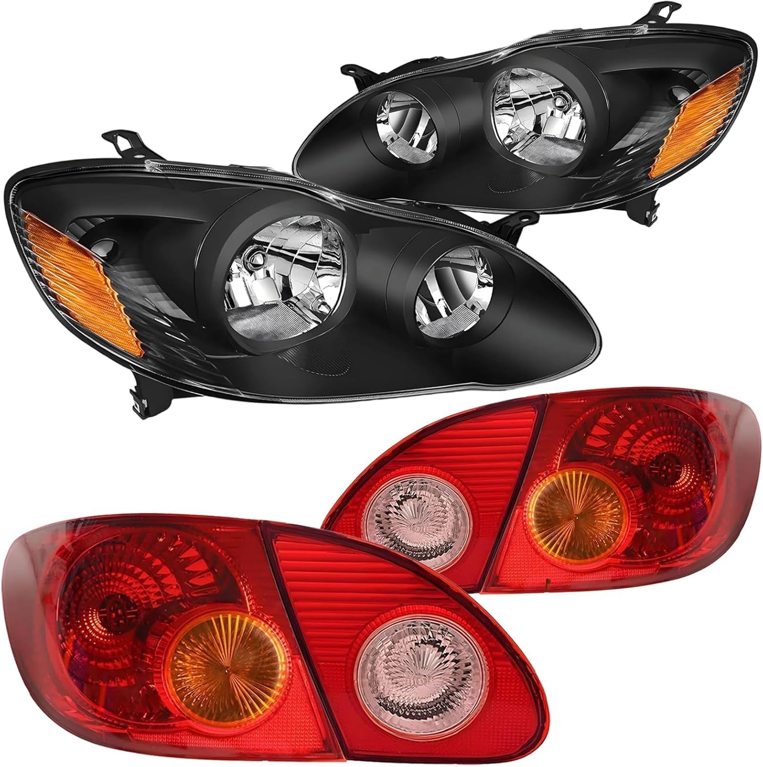 6pc-kit Headlights and Tail Lights Assembly set For 2003 2004 2005 2006 2007 2008 Toyota Corolla CE LE S Replacement Headlamps Matte Black Housing clear lens&Red Lens Rear Brake reverse Lamps(LH&RH)