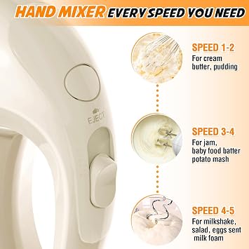 Handmixer Electric Handheld - 5 Speed Portable Kitchen Mixer Electric with 5 Stainless Steel Accessories Whisk, Food Beater for Whipping Mixing Cookies(Beige)