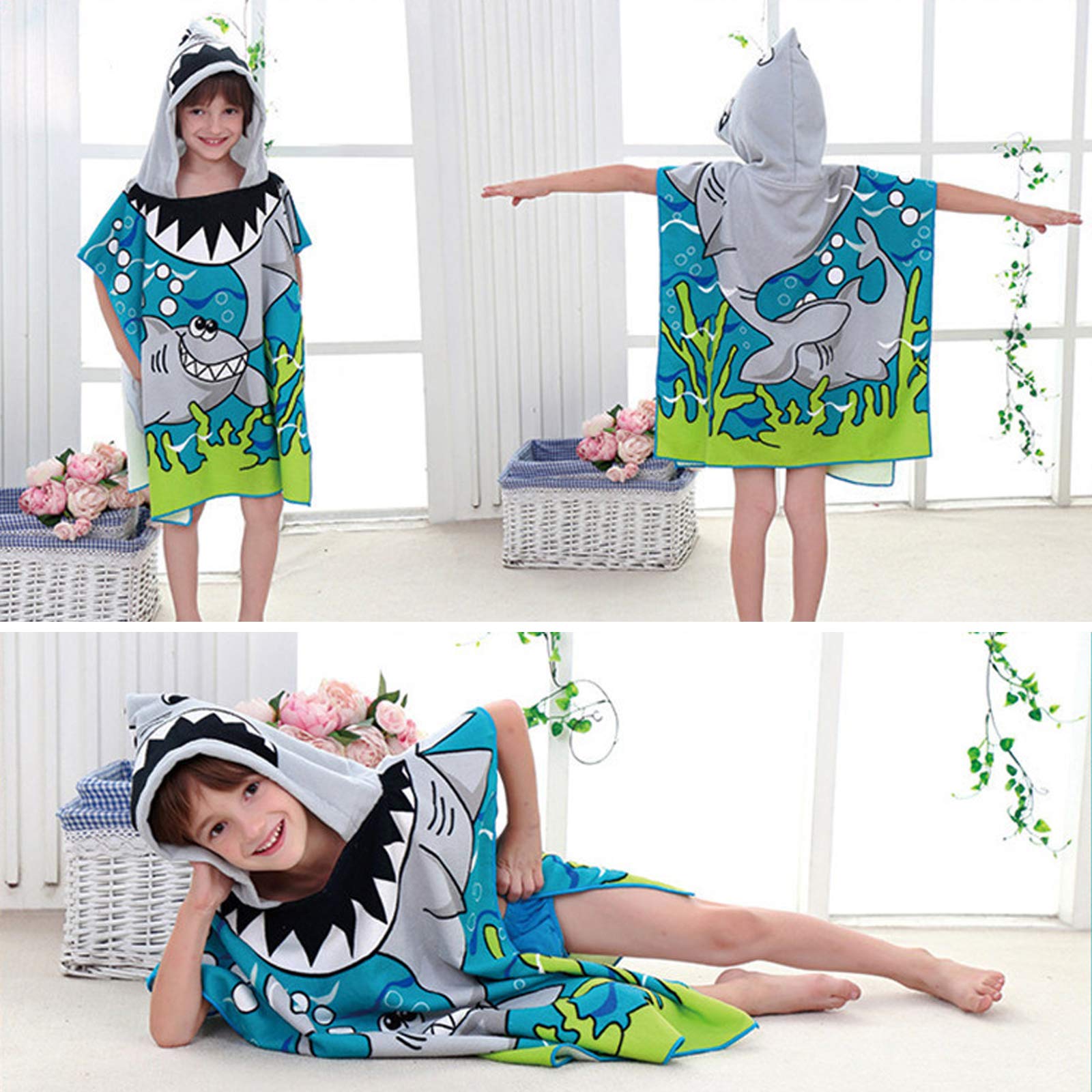 Toalla de Playa con Capucha, Manta de Baño Natación Ultra Suave Absorbente, Toalla de Baño Dibujos Animados Secado Rápido Poncho de Toalla para Niños