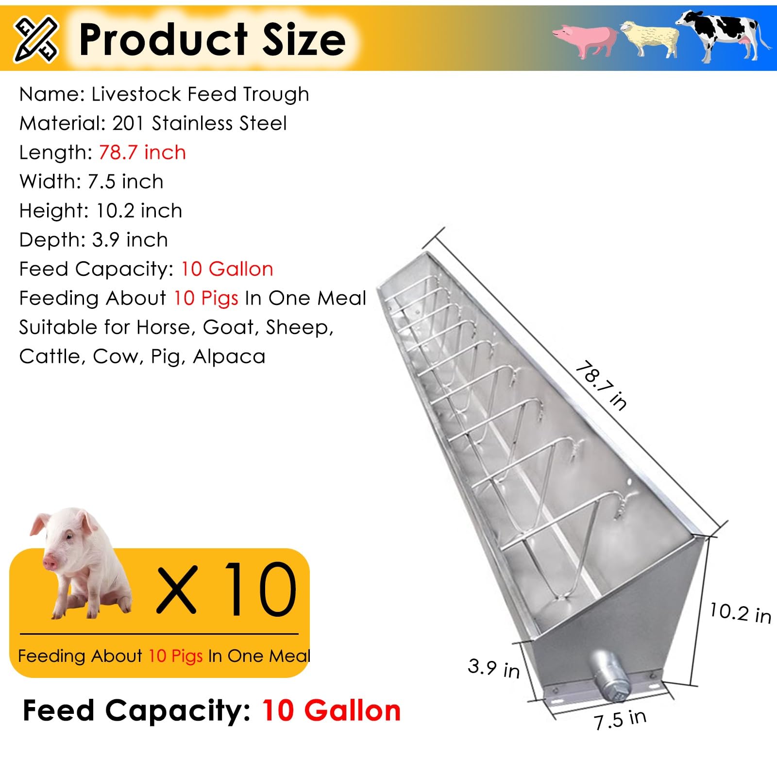 Mangiatoia 2 in 1 per Bestiame: mangiatoia e abbeveratoio per capre, Pecore, bovini e Cavalli - Grande mangiatoia in Acciaio Inox con Scarico, Forniture agricole (10 Scomparti, 78,7x7,5x10,2