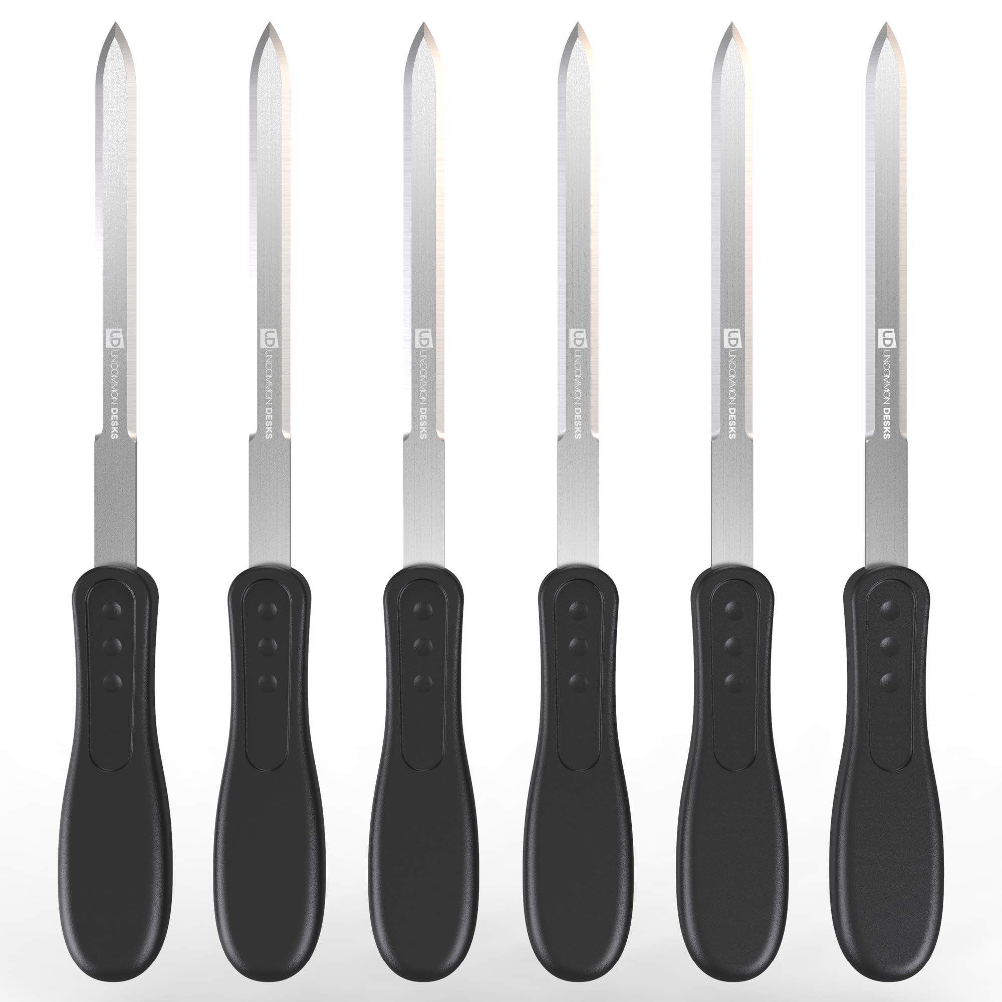 Uncommon Desks Office Letter Opener - Stainless Steel Knife-Edge Blade, Ergonomic Grip Handle (Black, 6 Pieces)