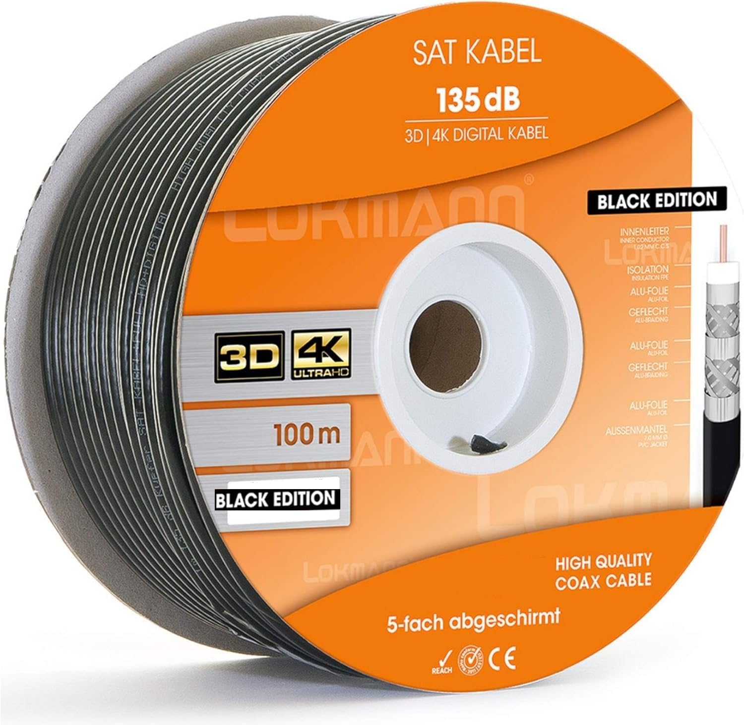 Cavo coassiale satellitare, 100 m, 135 dB, cavo coassiale satellitare, in rame, 5 schermato, per DVB-S / S2, DVB-C, DVB-T, BK impianti 4K, FullHD Ultra HD 4K, 8K, colore nero