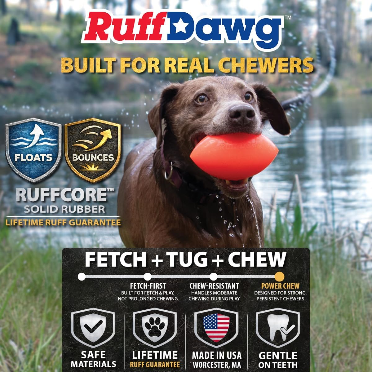 Ruff Dawg Indestructible Football Medium 4” Orange – Heavy-Duty Solid Rubber Dog Fetch Toy for Dogs Up to 40 lbs – Floats & Crazy Bounce – Made in USA