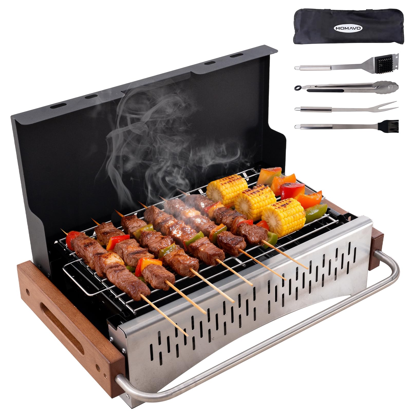 Barbacoa portátil carbón con kit de utensilios, parrilla plegable para camping y balcón, montaje rápido sin herramientas, doble altura, ideal 1–4 personas