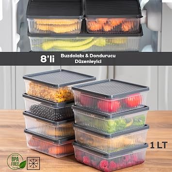 Porsima 1169 8li Buzdolabı Organizer Mikrodalga Ve Derin Dondurucuya Uygun Buzluk Bakliyat Saklama Kabı - Antrasit