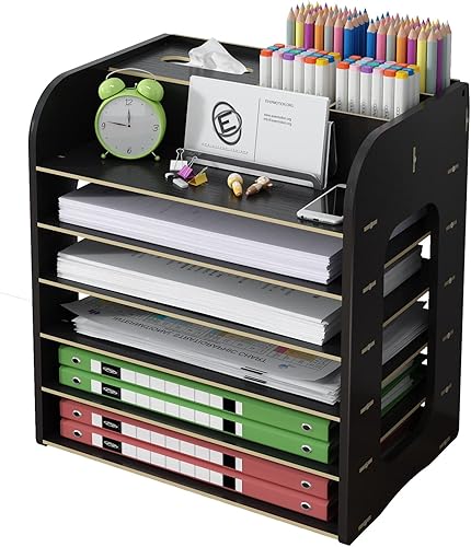 Miniatura 1 de Feejee Bandeja organizadora de papel de 6 niveles soporte de carpeta de archivo de escritorio con 4 soportes para bolígrafos y 1 funda de caja de