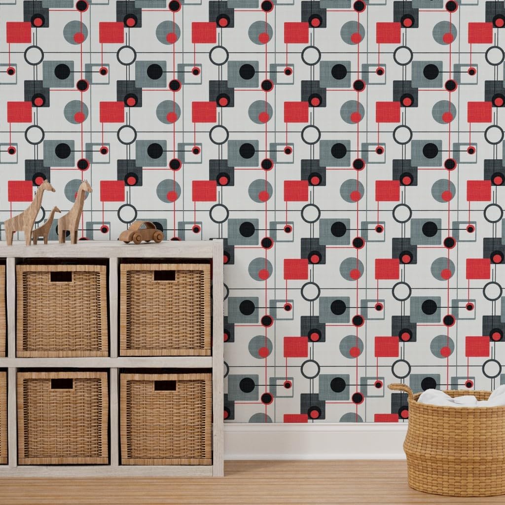 Peel & Stick Wallpaper 6ft x 2ft - Orbs Squares Red Black White Vintage Retro Grey Modern Custom Removable Wallpaper by Spoonflower