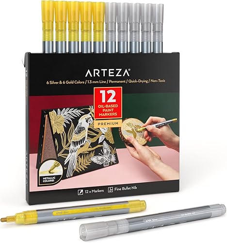 Arteza Marcadores metálicos de pintura a base de aceite, paquete de 12, 6 plata y 6 oro, línea de 0.051 in, pintura de calabaza de Halloween,