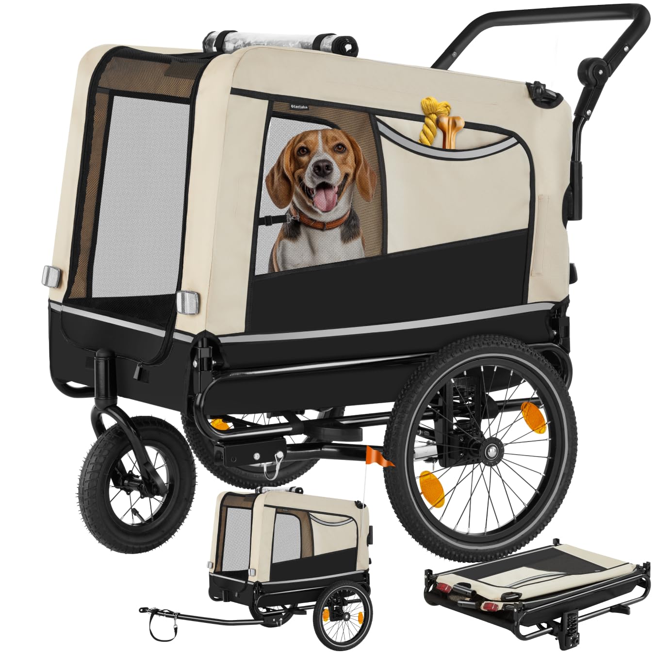 tectake® 2-In-1 Dog Bike Trailer for all Bike Types, Foldable Dog Carrier with Good Ventilation, Rain Cover & Height-Adjustable Push Handle - Ideal Pet Stroller for Small & Medium-Sized Pets - Beige