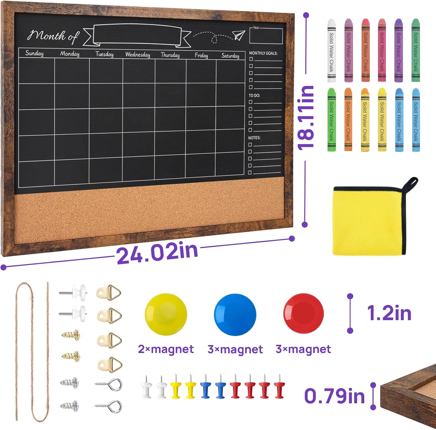 Magnetic Chalkboard Calendar 18x24 Inches, Framed Chalk Board for Wall Organization, Planning/School Timetable/Memo, Hanging Magnetic Surface for Office, School, Home
