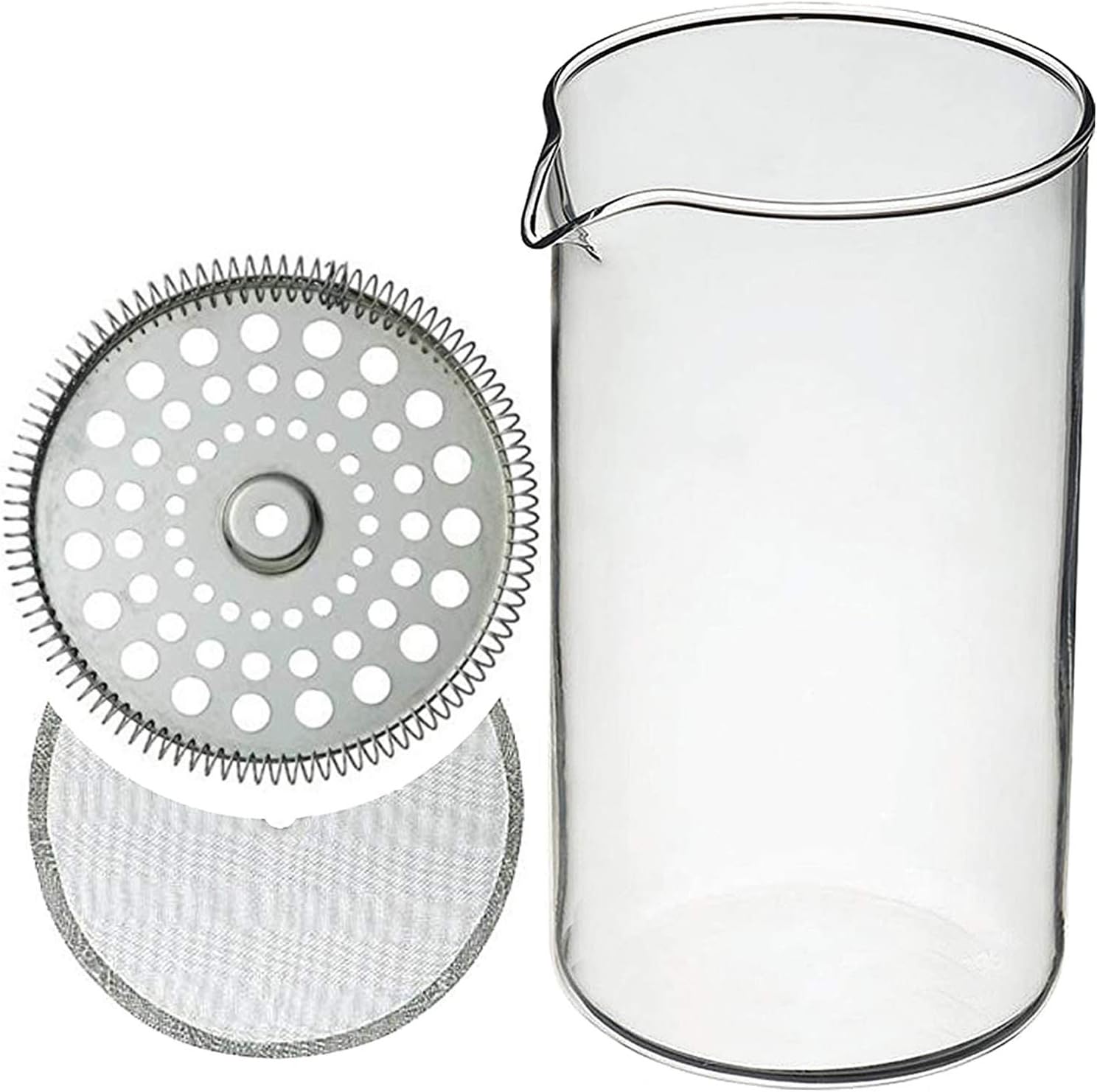 standard French Press Replacement Glass Beaker Kit, 34 Oz / 1000 ml (8 demitasse cup) with one 18/8 Stainless Steel Filter Screen and One Filter Plate