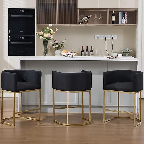 Gold Taburetes de Bar Juego de 3, 25" H Taburetes de Bar de Altura de Mostrador Modernos con Respaldo, Taburete de Bar Tapizado en Tela de Lino para