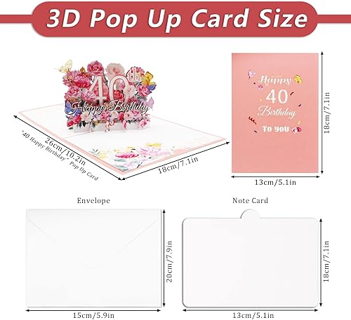 Miniatura 2 de Tarjeta de cumpleaños desplegable de feliz 40 cumpleaños, tarjeta de regalo de cumpleaños rosa, tarjeta de felicitación de cumpleaños 3D emergente