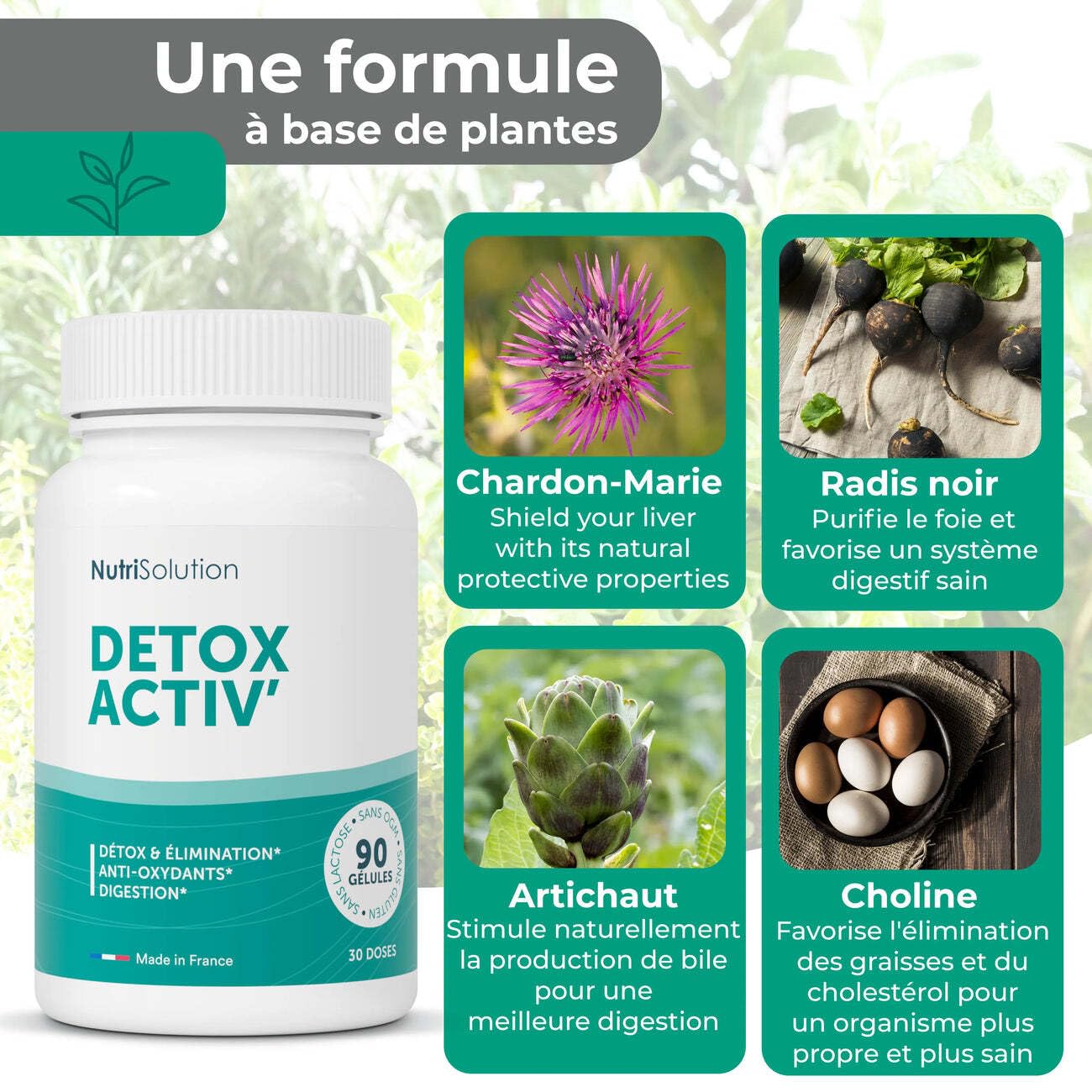 Nutrisolution I Détox Activ’ I 90 Gélules I Complément Alimentaire Détoxifiant I Chardon Marie Détoxification du Foie I Cure Detox Puissante et Rapide I Elimination Toxines I Fabriqué en France