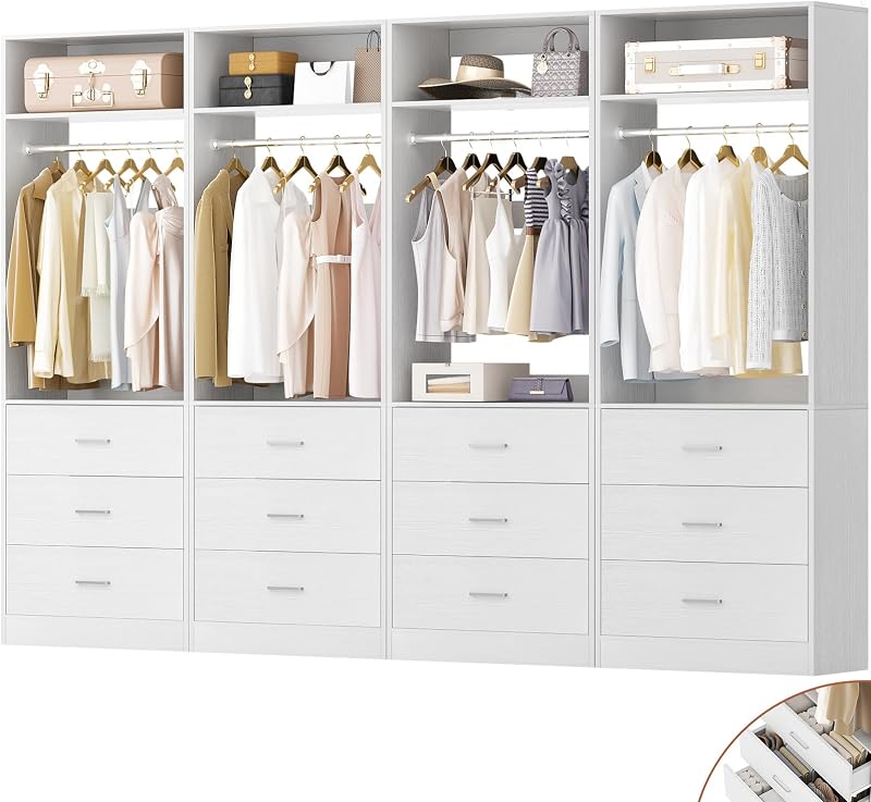 Besiost 8FT Closet Systems with 12 Wood Drawers, Closet System Set of 4 | 96" Closet Organizer System with 4 Hanging Rods & 4 Shelves, Heavy Duty 96 Inch Walk-in Closet, White (96"L x 15" W x 80" H)