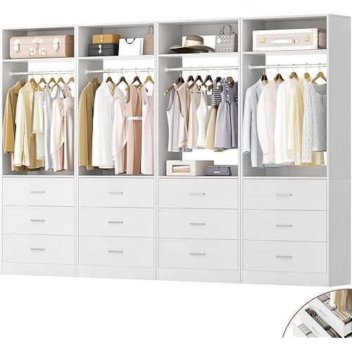 Closet System Set of 4, 8FT Closet Systems with 12 Wood Drawers, 96" Closet Organizer System with 4 Hanging Rods & 4 Shelves, Heavy Duty 96 Inch Walk-in Closet, White (96"L x 15" W x 80" H)