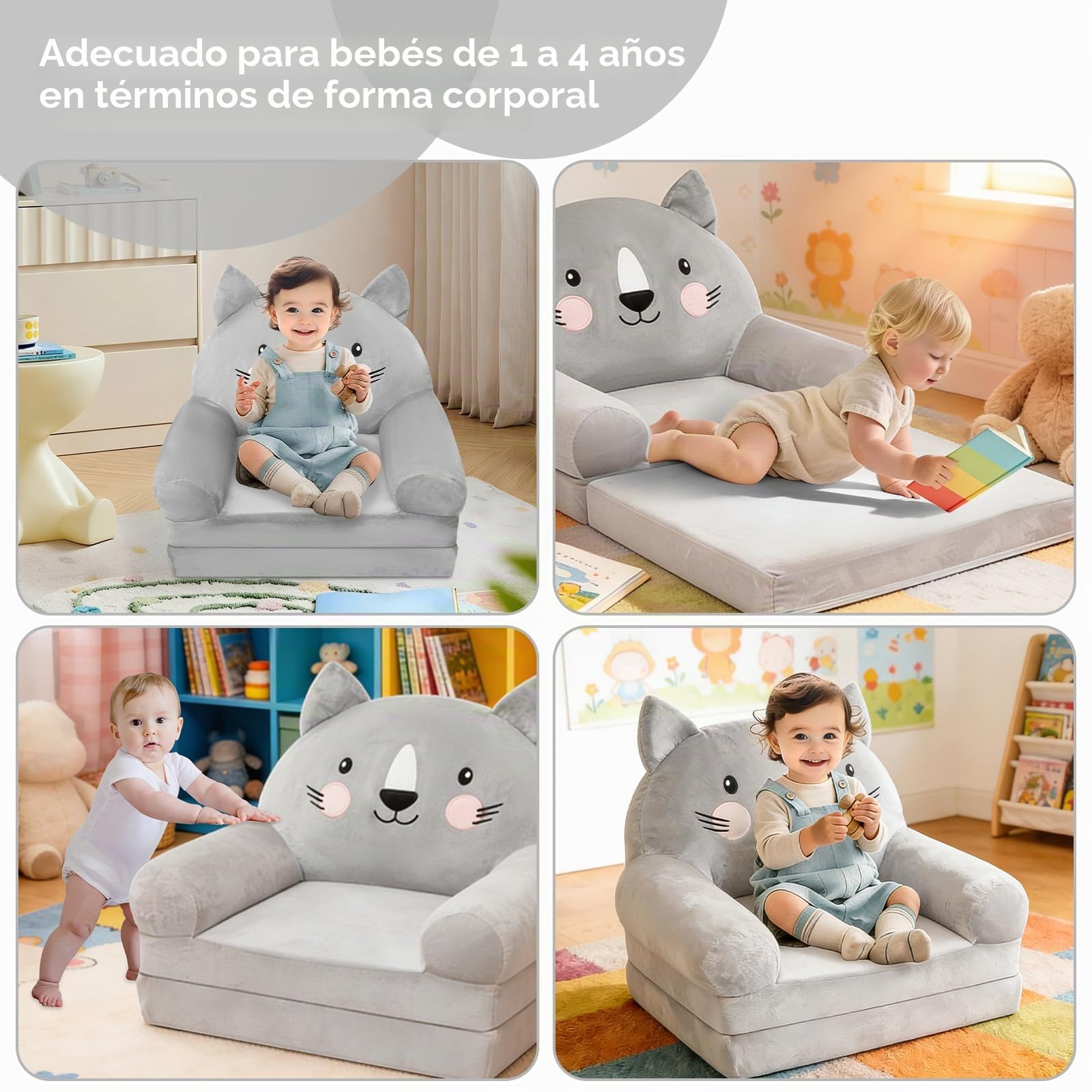 Sofá infantil plegable 2 en 1 para niños, sillón infantil con función de dormir, suave y resistente, silla convertible en sofá de juegos, sillón infantil a partir de 1 años (gato gris)