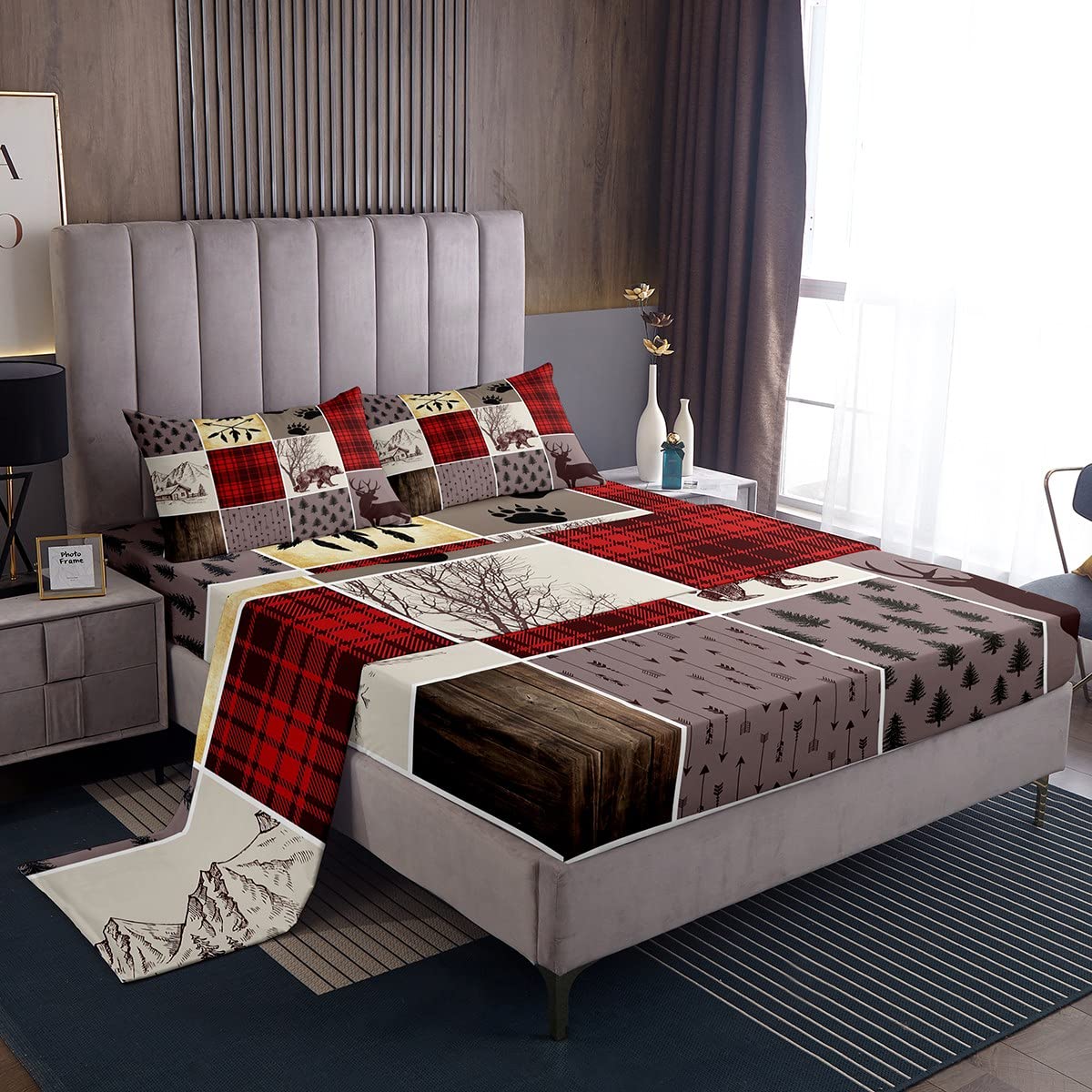 Hunting Bear Deer Fitted Sheet For Kids, Retro Rustic Cabin Bed Sheets Queen Size, Farmhouse Country Lodge Sheet Set Cowboy Animal Bedding Set Grid Claw Wildlife Adventure For Men Bedroom, Red Brown