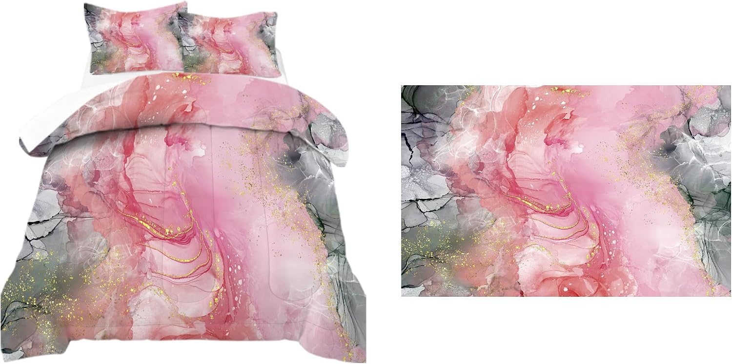 Quee Size Pink Gray Marble Bedding Set for Kids Teens Blush Pink Grey Comforter Set for Girls Women Marble Pink Grey Rug 5'x7' for Living Room Bedroom Dorm Marble Abstract Area Rug
