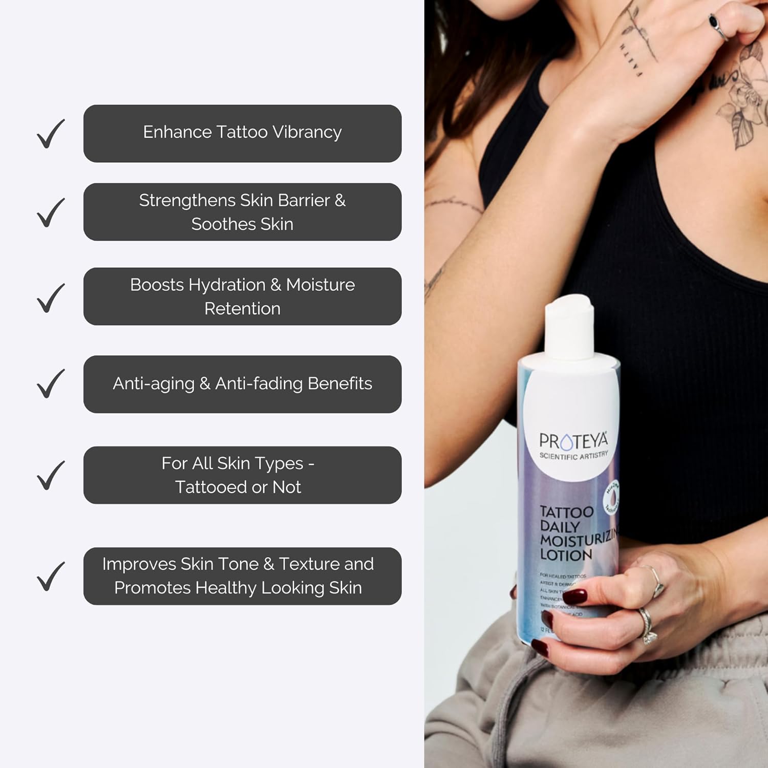 Tattoo Daily Moisturizing Enzyme Lotion/Hydrating Tattoo Care w/Niacinamide and Hyaluronic Acid, Proteolytic Enzymes, to Enhance and Preserve Your Tattoos, 12oz