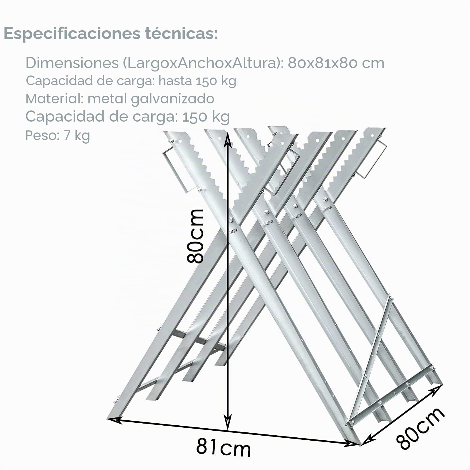 Ikodm Caballete para Sierra, Caballete plegable para serrar troncos de madera, peso máximo 150 kg, Metal Galvanizado, Soporte para cortar leña, 81 x 80 x 80 cm, Plata