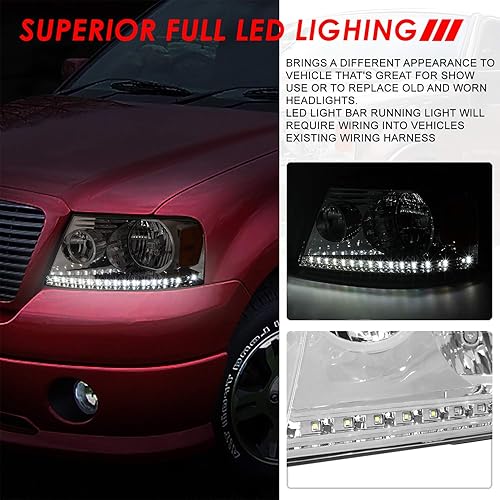 Miniatura 4 de Faro halógeno LED DRL compatible con Ford F-150 Lincoln Mark LT 04-08, lado del conductor y del pasajero, carcasa negra esquina ámbar