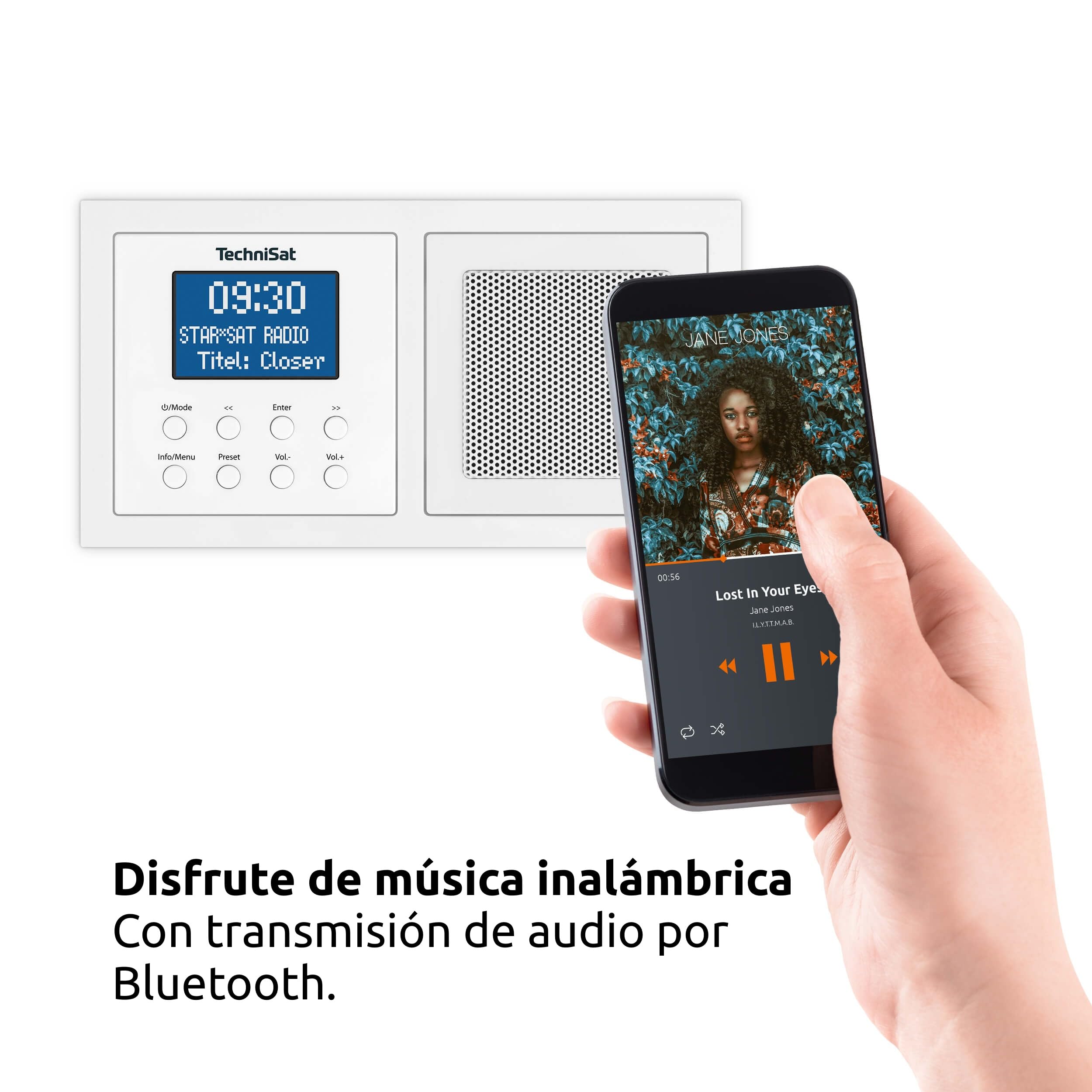 TechniSat DIGITRADIO UP 1 - Radio Dab+ Empotrable para su Instalación en Enchufes Dobles (Dab, FM, Bluetooth, Pantalla LCD Regulable, Despertador, Temporizador para Dormir, 2 Vatios RMS) Blanco