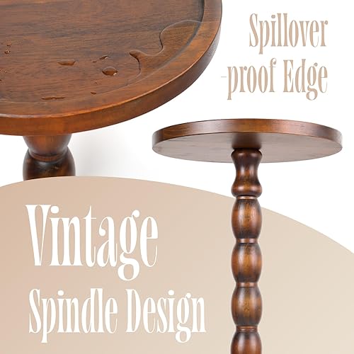 Miniatura 8 de Mesa auxiliar redonda con pedestal de madera maciza con borde superior de bandeja – Mesa auxiliar giratoria de bobina para sala de estar